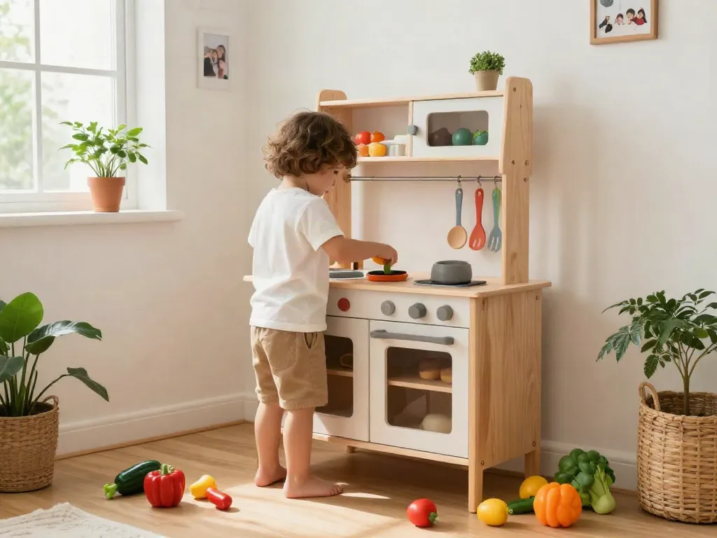 Child playing in a colourful wooden kitchen set surrounded by toy vegetables and utensils.