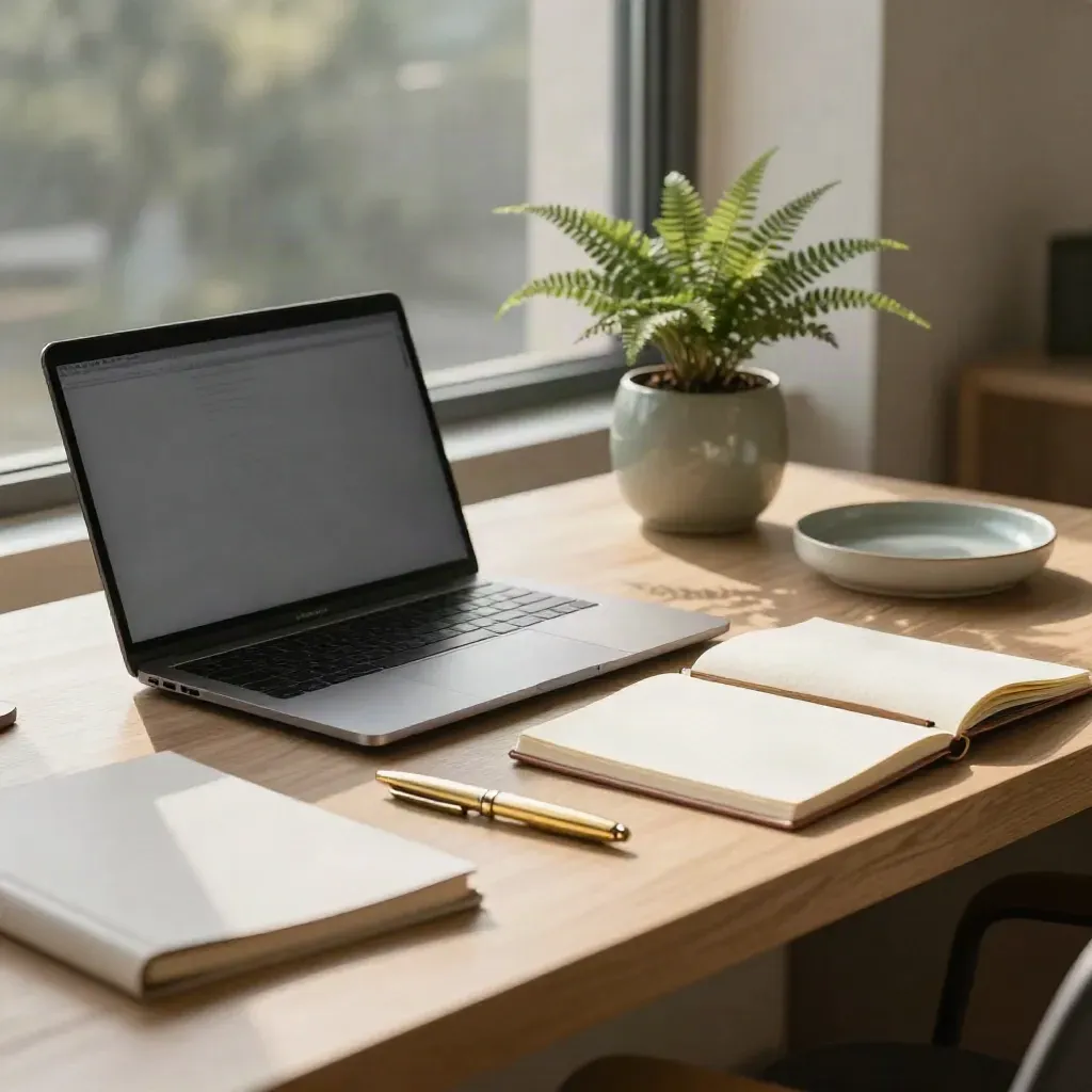 Closed laptop, brass pen, notebook, fern and ceramic tray on a sunlit standing desk by a window.