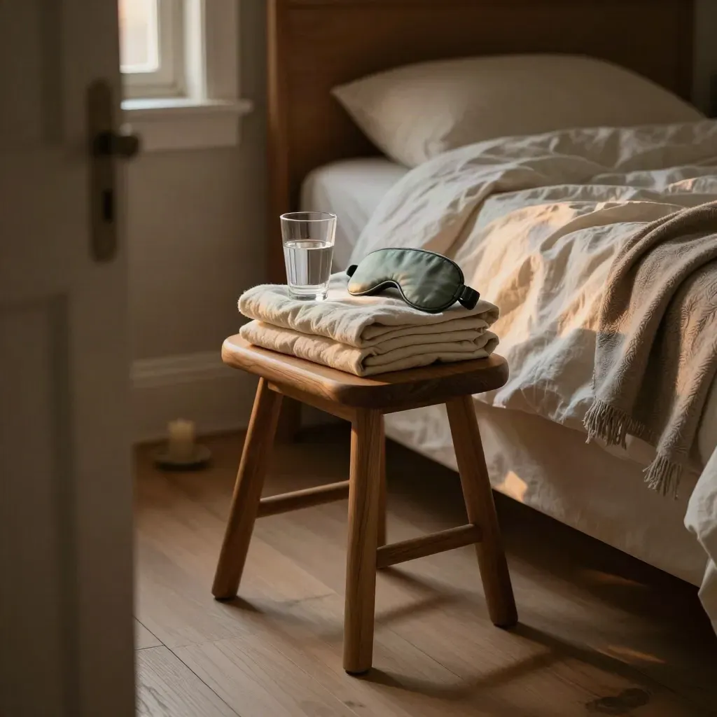 Bedroom stool with folded clothes, water glass, candle stub and sage sleep mask beside a made bed.