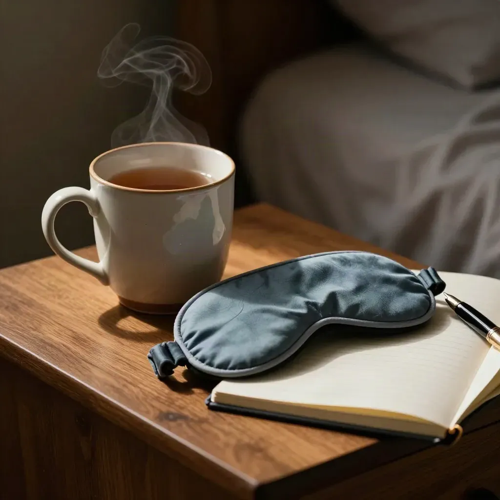 Bedside tea, sleep mask, notebook and pen in a moody late-night wind-down, steam rising.