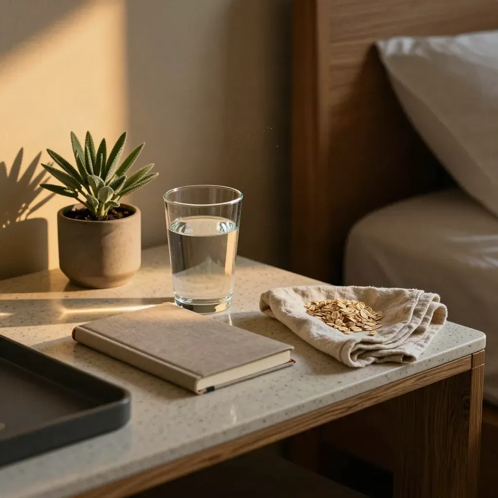 Bedside shelf with notebook, water glass, plant and folded cloth in warm late-afternoon light.