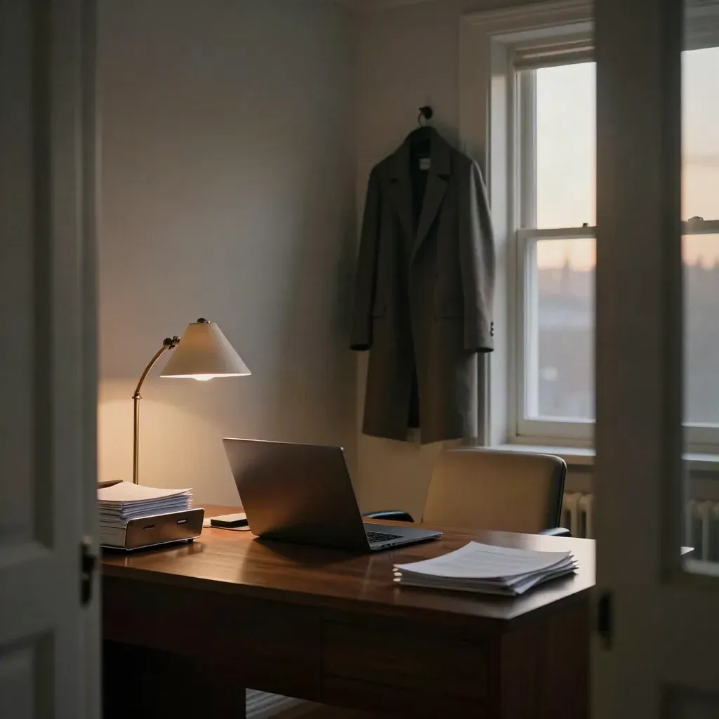 Twilight office with a closed laptop, empty chair, coat on peg, inbox tray and switched-off lamp