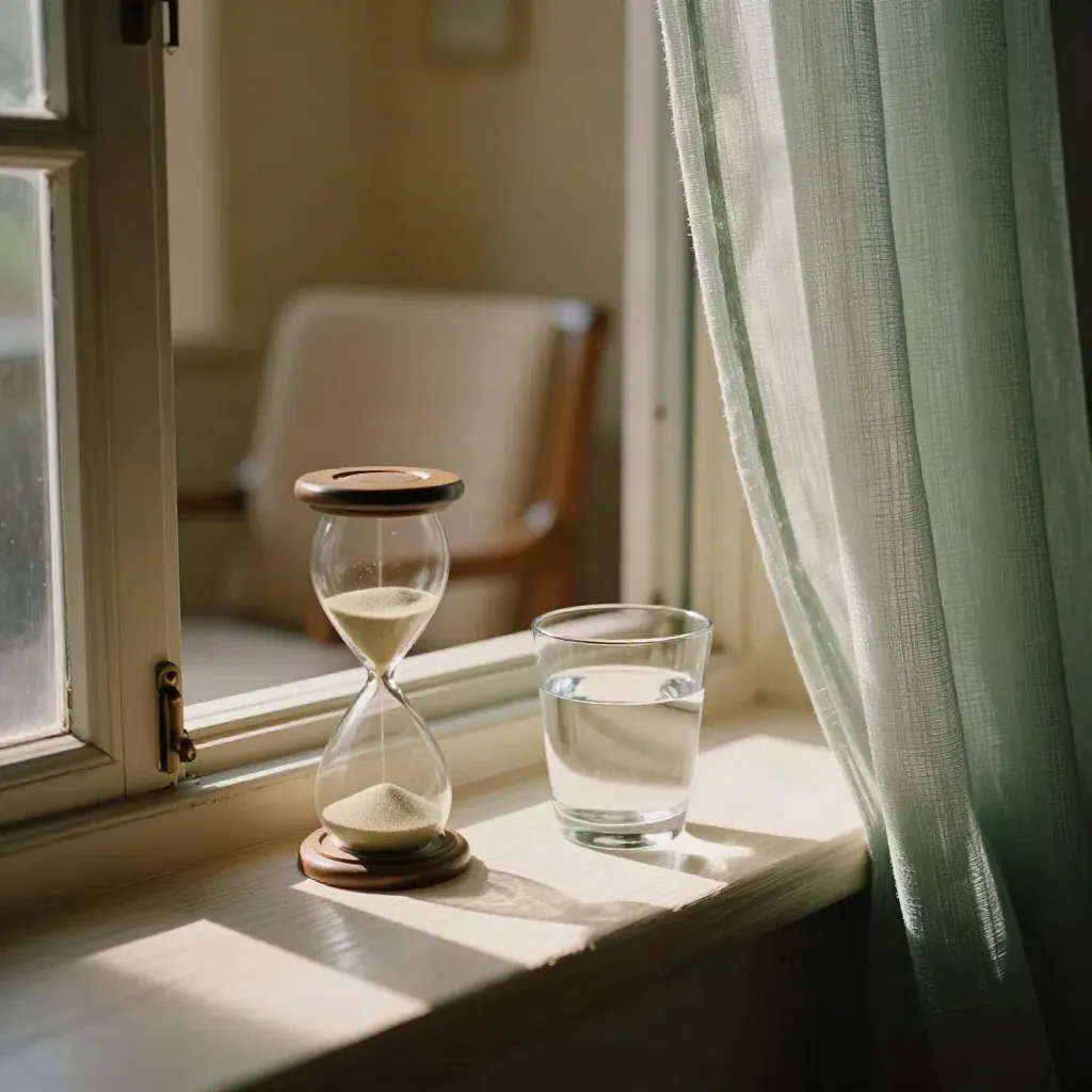 Sand timer, water glass, and curtain by an open window with a pushed-back chair