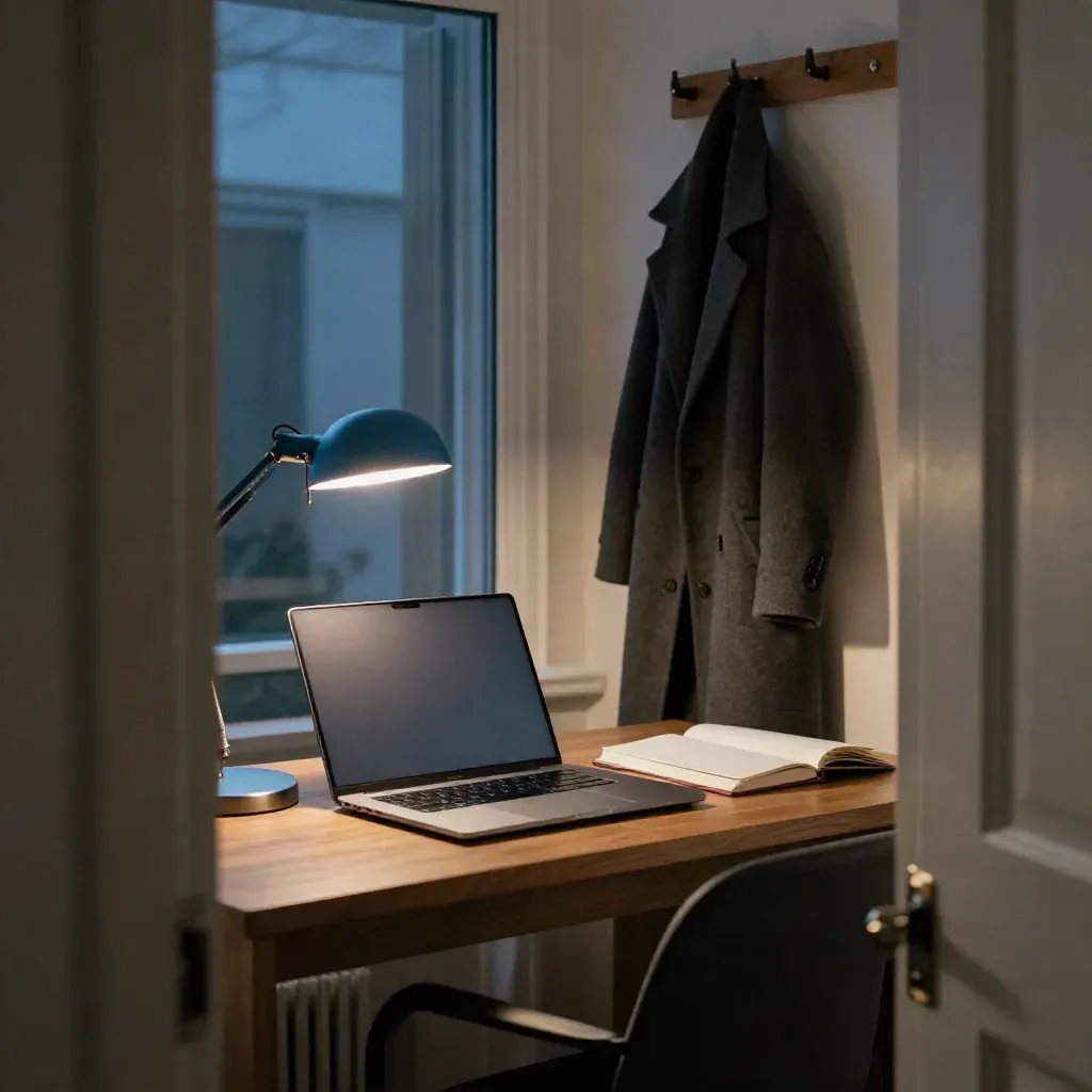 Closed laptop, off desk lamp, coat by the door, and notebook at dusk in a calm home office.