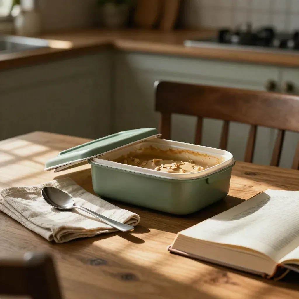 Sage lunch container, napkin, spoon and paperback on a sunlit kitchen table
