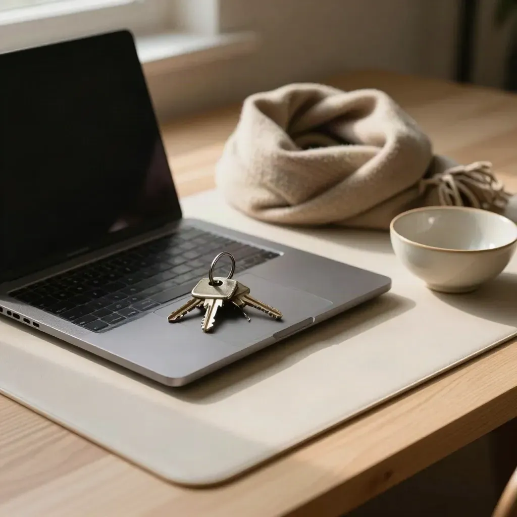 Closed laptop with keys, scarf and ceramic bowl on a warm ivory desk mat.