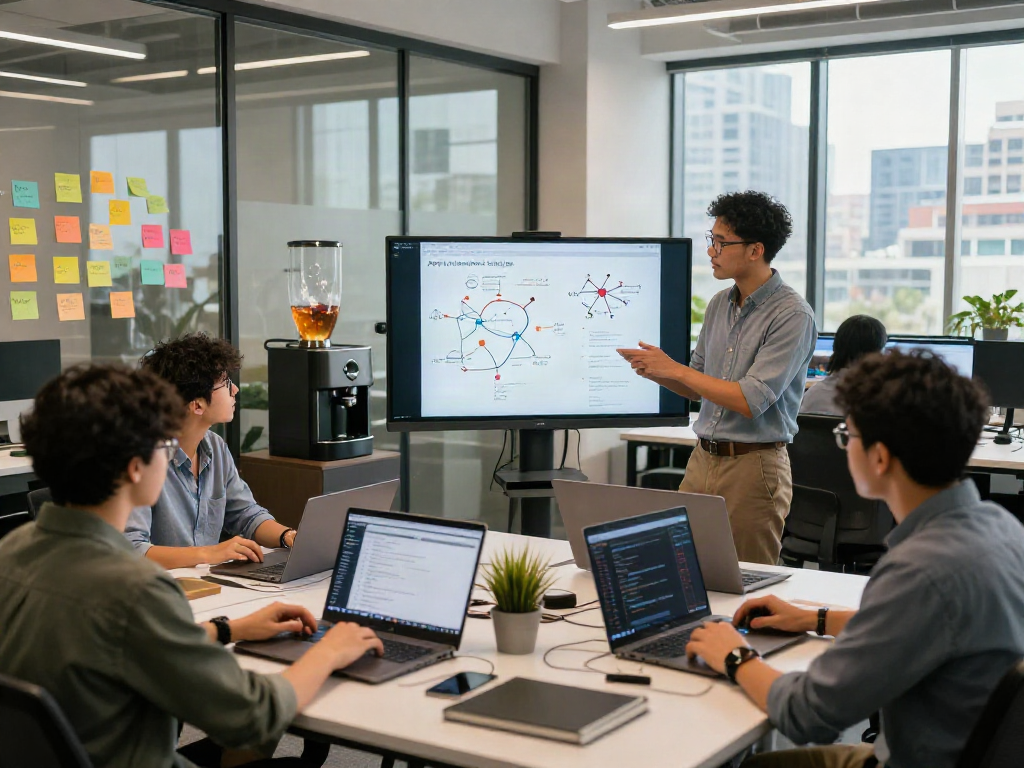 Spicy AI team brainstorming solutions in a vibrant tech workspace.